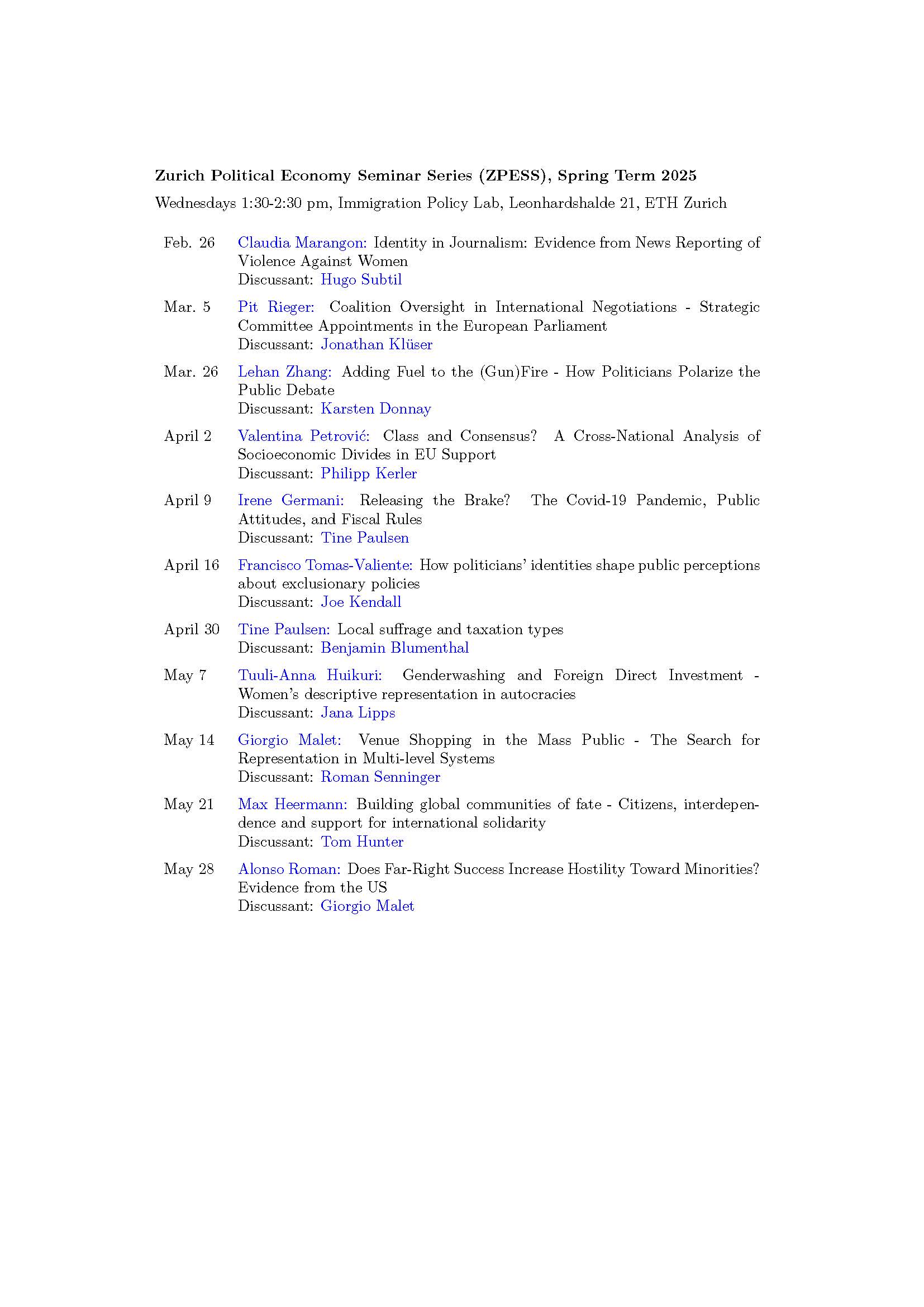 ZPESS Spring 2025 Schedule